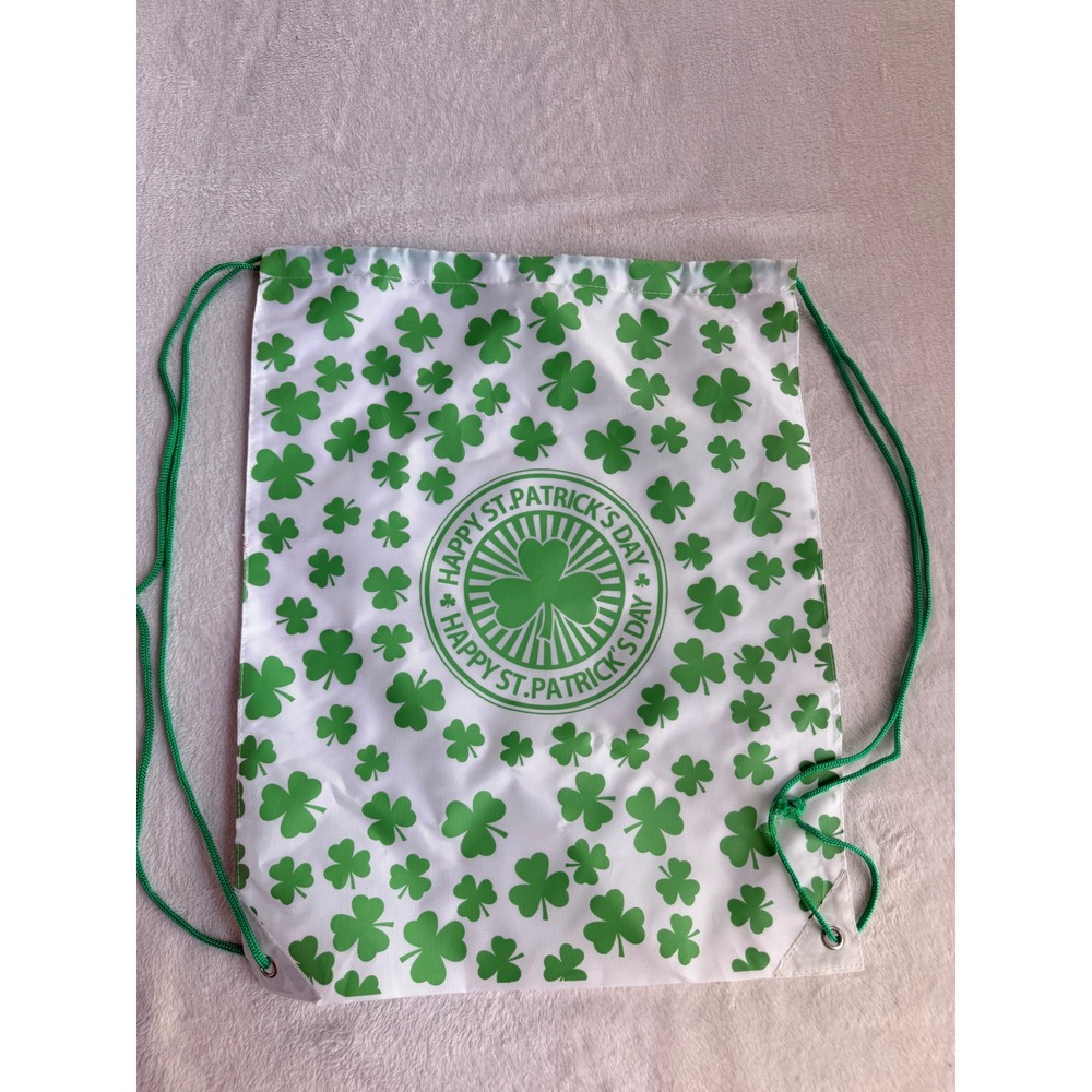St. Patrick's Day Drawstring Backpack White Green Shamrock Clover Cinch Bag